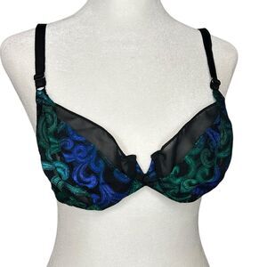 Oscar de la Renta Lingerie Semi Sheer Underwire Bra Size 34C Black Blue Green